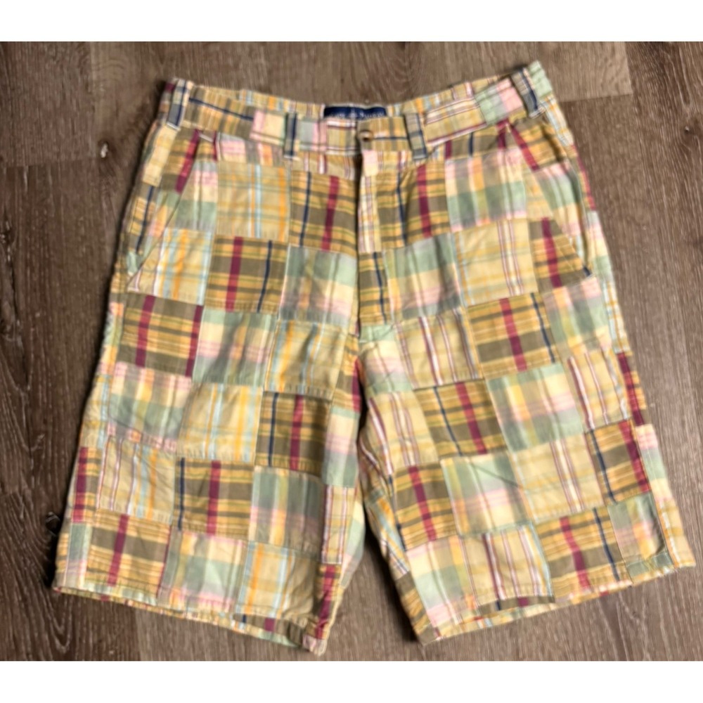 Cape Madras 10" Shorts Mens 32 Multi Color Patchwork Lined Plaid Cotton Casual